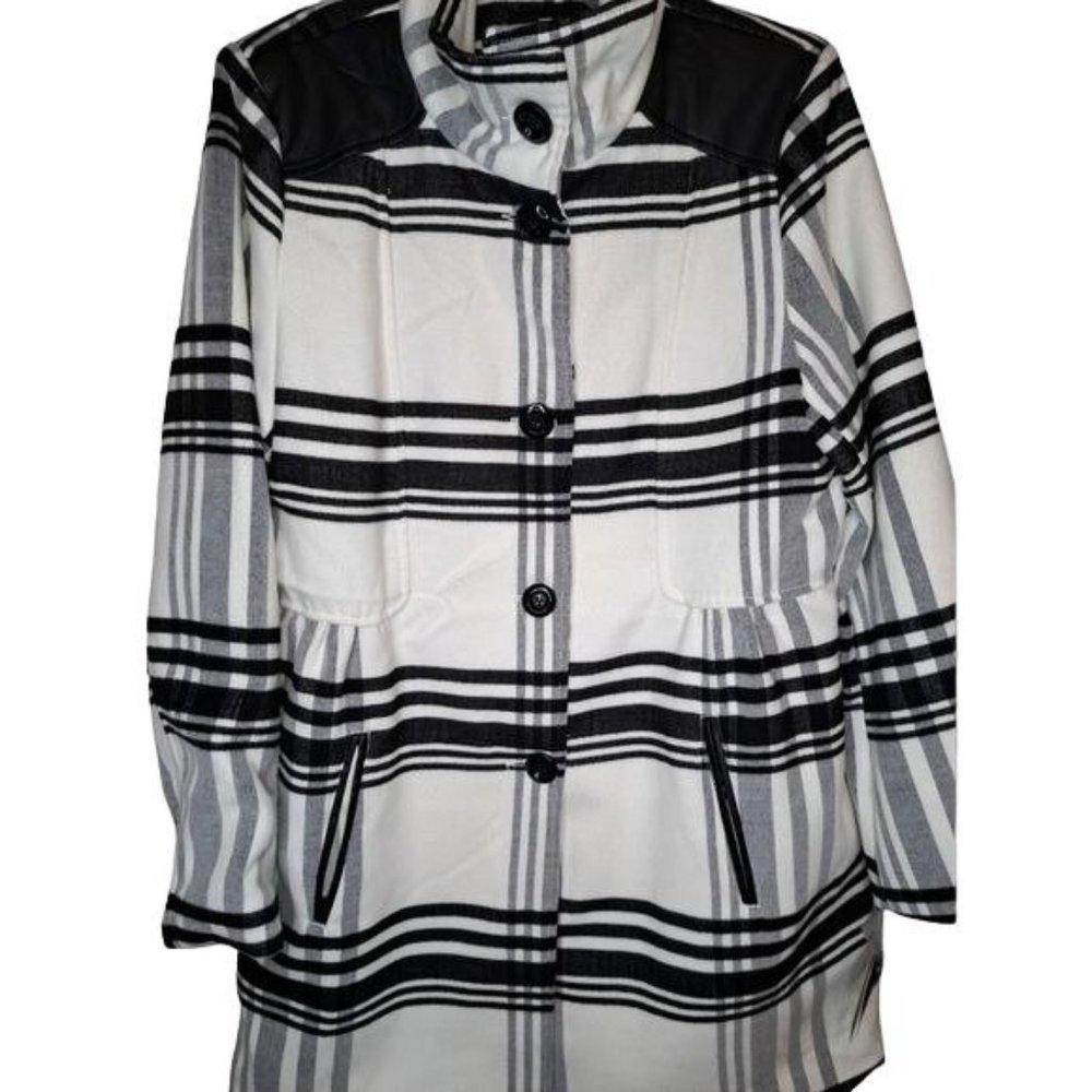 IZ Byer Womens XL Pea coat Black White Plaid Faux Leather Trim Jacket Coat NEW